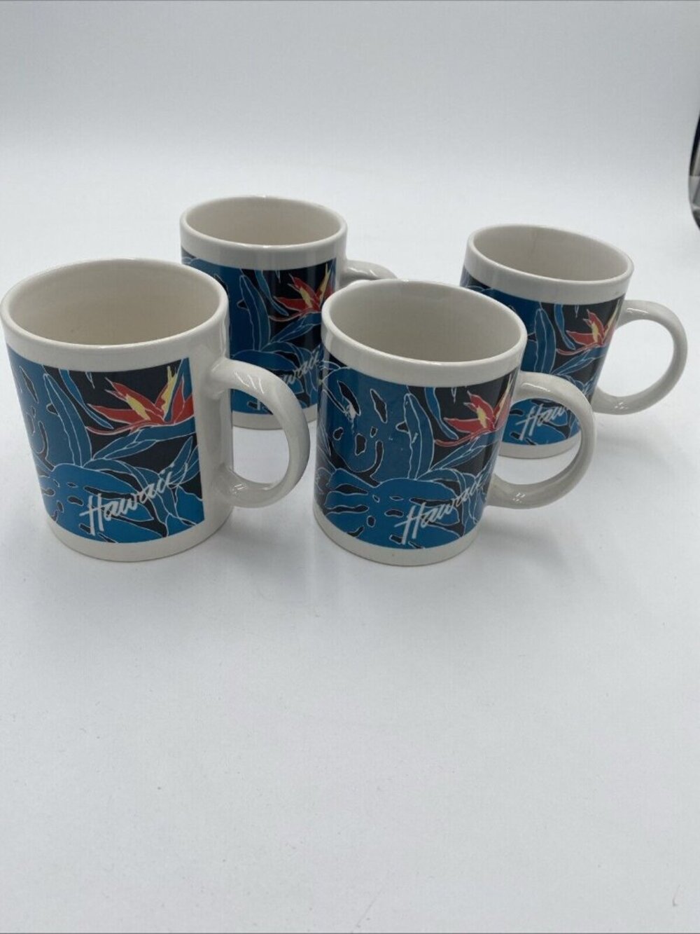 Vintage Hilo Hattie Hawaii Bird of Paradise Blue Flower 12 oz Coffee Mugs Set 4
